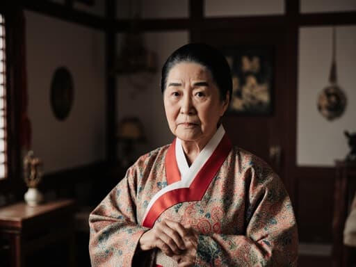 70대의 혼혈 여성의 반신 촬영으로, 전통적인 한복을 입고 소매를 살짝 잡고 걱정스러운 표정을 짓고 있습니다. 그녀는 전통적인 장식이 있는 아늑한 거실에 서 있어 문화유산과 감정적 깊이를 느낄 수 있는 분위기를 만들어냅니다.