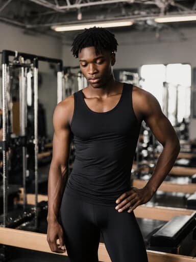 필라테스 스튜디오에서 편안한 스포츠 탑과 레깅스를 입은 10대 후반의 흑인 남성이 서 있습니다. 그의 표정은 우울하며, 눈빛은 흐릿하고 입꼬리는 내려가 있습니다. 그는 필라테스 매트 옆에 서서 한 손은 허리에 두고 다른 손은 자연스럽게 내려뜨린 자세를 취하며, 밝은 조명과 다양한 필라테스 기구들이 배경을 이루고 있습니다.