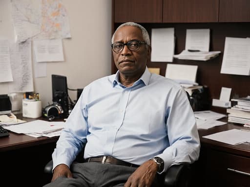 전형적인 사무실 환경의 책상에 앉아 있는 50세 아프리카계 남성의 반신 촬영. 그는 깔끔한 셔츠와 정장 바지를 입고 안경을 쓰고 있으며, 인생을 깊이 생각하는 듯한 표정을 짓고 있습니다. 서류와 학습 자료들로 둘러싸인 채, 깊은 성찰의 순간을 구현하고 있습니다.