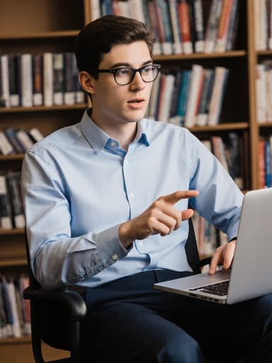 20대 백인 남성이 깔끔한 셔츠와 바지를 입고 안경을 착용한 채, 책으로 가득 찬 조용한 도서관에 앉아 있습니다. 그는 차분한 표정으로 노트북을 바라보며 손으로 포인터를 사용하여 연구 결과를 설명하고 있어, 지적 참여와 집중의 분위기를 만들어냅니다.