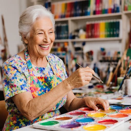 60대 혼혈 여성이 컬러풀한 아티스트의 작업복과 앞치마를 착용하고 즐거운 표정을 지으며 색채 혼합 도구로 색을 고르고 있는 모습을 담은 반신 촬영. 다양한 그림 도구가 배치된 화실의 생동감 넘치는 배경이 함께 한다.