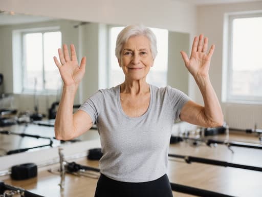 60대 유럽계 여성이 편안한 필라테스 복장인 라이트 그레이 색상의 탑과 블랙 레깅스를 입고 있는 반신 사진입니다. 그녀는 팔을 가슴 높이로 올리고 손을 흔들며 인사하는 자세를 취하고 있으며, 긴장한 표정과 약간의 미소가 섞여 있습니다. 배경은 넓고 밝은 필라테스 스튜디오로 거울이 있어 초대하는 분위기를 자아냅니다.