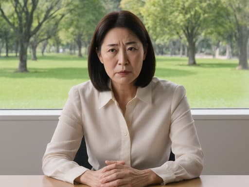 40대 한국인 여성의 반신 촬영으로, 편안한 블라우스와 슬랙스를 착용하고 있습니다. 회의 테이블에 손을 얹고 약간 앞으로 기울이며 짜증난 표정을 짓고 있습니다. 배경에는 회의실 창밖으로 보이는 공원이 있으며, 잔디와 나무들이 보입니다. 그녀의 감정 상태가 평화로운 환경과 대조를 이루고 있습니다.