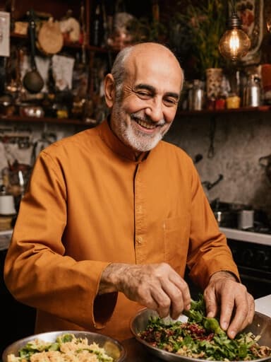 이 이미지는 전통 의상을 입고 요리하는 즐거운 중동계 노인의 반신 사진을 담고 있으며, 아늑한 카페 환경과 진정한 요리 도구 및 재료들이 가득한 모습입니다.