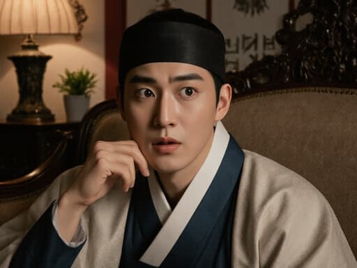 전통 한복을 입은 20대 동양인 남성이 소파에 앉아 당황한 표정으로 생각에 잠긴 모습이 담긴 반신 촬영입니다. 아름답게 꾸며진 거실이 배경입니다.