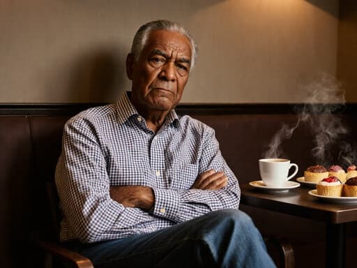 70대 흑인 남성이 주름이 있는 얼굴과 은발이 섞인 헤어스타일을 하고, 체크무늬 셔츠와 청바지를 입고 있는 반신 사진입니다. 그는 아늑한 카페에서 의자에 기대어 팔짱을 끼고 약간 불편한 표정을 짓고 있습니다. 배경에는 커피잔과 디저트가 놓인 테이블이 있어 따뜻한 분위기를 더합니다.