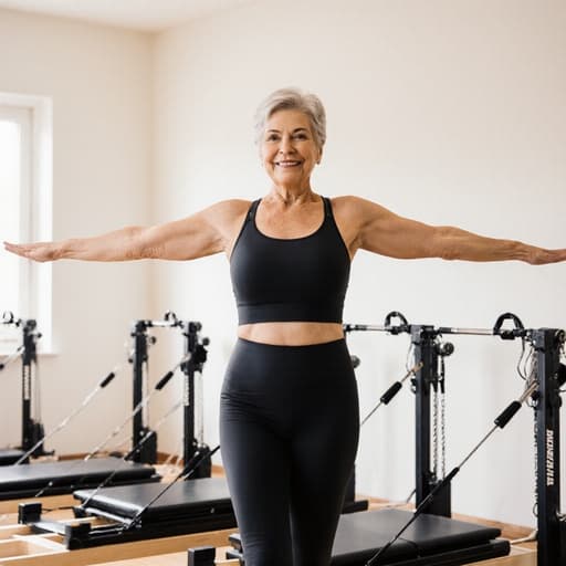 필라테스 복장을 착용한 50대 한국인 여성이 팔을 벌리고 스트레칭하는 모습의 반신 촬영. 밝고 아늑한 필라테스 스튜디오에서 필라테스 장비가 배치되어 있으며, 자신감과 활기를 발산하고 있습니다.