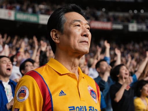 50대 아시아계 남성이 스타일리시하게 반신 촬영되어 있으며, 생동감 넘치는 스포츠 팀 유니폼과 운동화를 착용하고 있습니다. 그는 활기찬 경기장에서 기다리는 자세로 자신감 있게 서 있으며, 관중의 환호로 가득 찬 역동적인 분위기가 더해집니다. 그의 세련된 표정은 경기에 대한 기대감과 흥분을 잘 나타내고 있습니다.