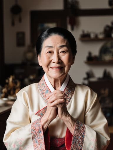 전통 한복을 입고 있는 80대 한국인 여성의 반신 샷. 고마운 미소를 지으며 손을 모은 기다리는 자세를 취하고, 아늑한 거실 배경에는 전통 한국 소품이 놓여 있습니다. 이 이미지는 따뜻함과 문화적 풍부함을 전달합니다.