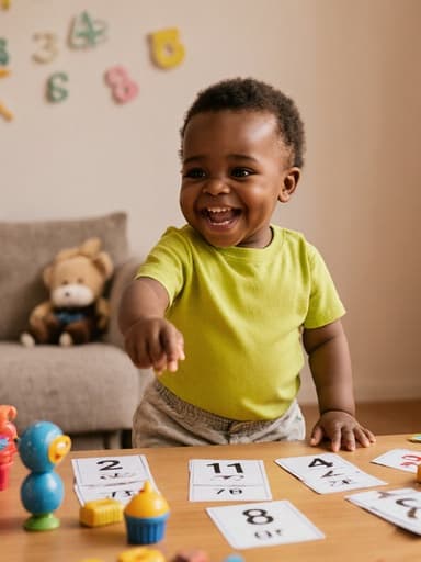 따뜻한 거실에서 아기용 장난감과 숫자 카드가 흩어져 있는 가운데, 귀엽고 순수한 외모의 1세 아프리카계 남성이 밝은 색상의 티셔츠와 편안한 바지를 입고 숫자 카드를 가리키며 즐겁게 세고 있는 모습의 전체 몸샷입니다.