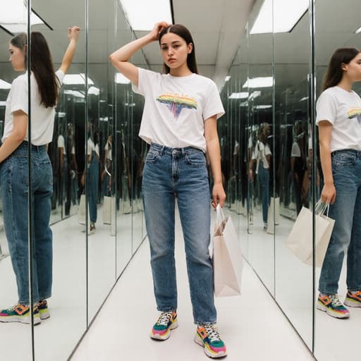 유럽계 10대 초반 소녀가 미러룸에서 트렌디한 티셔츠와 청바지를 입고 서 있습니다. 한 손에는 쇼핑백을 들고 다른 손으로 머리를 쓸어 넘기며 약간 불만스러운 표정을 짓고 있어 패셔너블한 장면에 공감할 수 있는 요소를 더하고 있습니다.