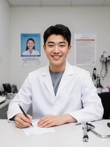 10대 초반의 혼혈 남성이 깔끔한 흰색 의사 가운과 캐주얼한 티셔츠를 입고, 자신감 있는 미소를 지으며 진료실의 책상 위에서 처방전을 작성하고 있는 반신 샷. 현대적이고 깔끔한 진료실 배경에는 의학 관련 포스터와 정리된 의료 도구들이 있어 전문적이고 친근한 분위기를 연출합니다.