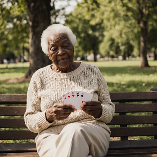 공원 벤치에 편안하게 앉아 카드 게임을 하는 80대 흑인 여성의 평화로운 모습. 그녀는 편안한 니트 스웨터와 바지를 입고 있으며, 여유롭지만 약간 피곤한 표정을 지으며, 주변의 푸른 잔디와 나무들로 둘러싸여 있습니다.