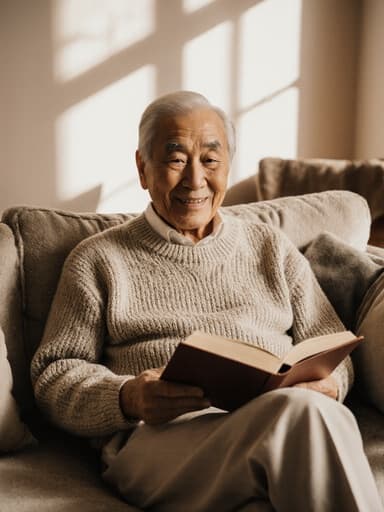 아늑한 소파에 앉아 있는 80대 아시아계 남성의 편안한 반신 샷. 그는 편안한 니트 스웨터와 면바지를 입고, 책을 읽으며 부드럽게 미소 짓고 있습니다. 따뜻한 색상의 가구와 창문을 통해 들어오는 부드러운 자연광이 어우러져 평화로운 분위기를 연출하고 있습니다.