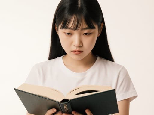 캐주얼한 티셔츠와 청바지를 입은 10대 초반 아시아계 여성의 초상으로, 양손으로 책을 잡고 긴장한 표정을 지으며 책에 집중하고 있습니다. 사진 스튜디오의 부드러운 조명이 조화를 이루며 그녀의 몰입을 돋보이게 합니다.
