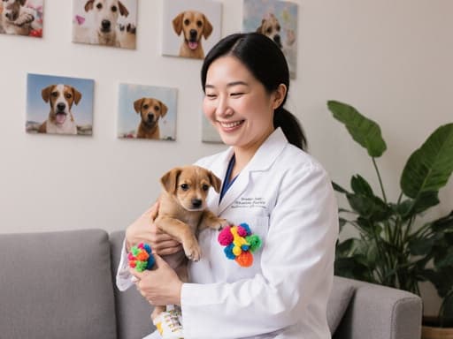 30대 아시아계 여성이 의사 가운과 편안한 운동화를 입고, 한 손에 작은 강아지를 안고 다른 손으로 장난감을 보여주며 친근하게 웃고 있습니다. 동물 사진과 식물로 장식된 아늑한 동물 진료실 배경이 이 장면의 따뜻한 분위기를 더합니다.