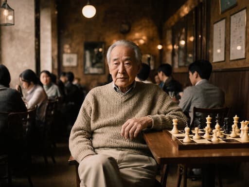 70대 아시아계 남성이 자연스러운 외모로 카페에 앉아 편안한 니트 스웨터와 면바지를 입고, 무관심한 표정을 지으며 다리를 뻗고 체스판 앞에 앉아 있는 반신 촬영 이미지. 카페는 다른 손님들로 북적이며 따뜻하고 초대하는 분위기를 연출합니다.