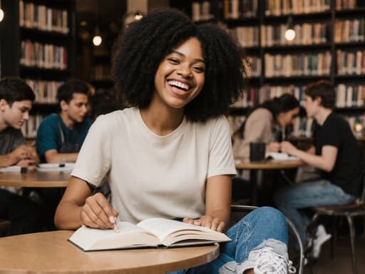 10대 후반의 흑인 여성 모델이 편안한 티셔츠와 청바지를 입고, 테이블 위에 놓인 교과서를 한 손으로 넘기며 기쁘게 웃고 있는 반신 사진. 배경에는 책장이 있는 조용한 카페 내부와 다른 학생들이 공부하고 있는 모습이 보입니다.