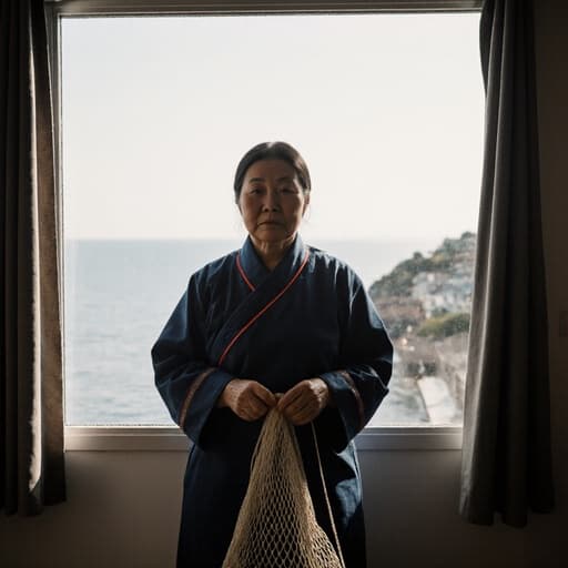 40대의 동양인 여성이 전통 어업 작업복을 입고 어망을 손에 들고 슬픈 표정을 짓고 있는 반신 사진. 간단한 거실에서 바다를 바라보며 그녀의 직업의 감정적 무게를 전달합니다.