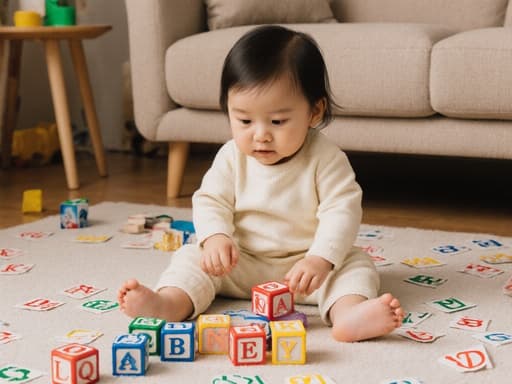 자연스러운 외모의 한국 아기 소녀가 부드러운 색상의 옷을 입고 아늑한 거실 바닥에 앉아 알파벳 블록을 탐색하는 모습의 반신 사진. 방 안에는 알파벳 카드와 장난감이 흩어져 있어 따뜻하고 유쾌한 분위기를 자아냅니다.