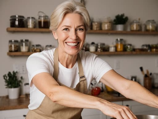 40대 백인 여성이 편안한 주방용 앞치마와 티셔츠를 입고, 밝고 아늑한 주방에서 잘 정리된 요리 재료들로 둘러싸여 행복하게 스트레칭하며 요리에 대한 열정을 드러내고 있습니다.