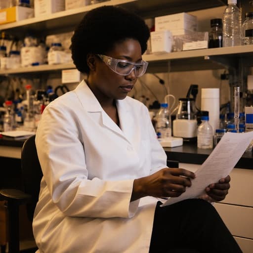 30대 아프리카계 여성이 실험실 가운과 안전 안경을 착용하고, 정리된 실험실에서 실험 데이터를 검토하며 크로스 레그로 앉아 있습니다. 피곤한 표정 속에서도 그녀의 집중력과 헌신이 드러납니다.