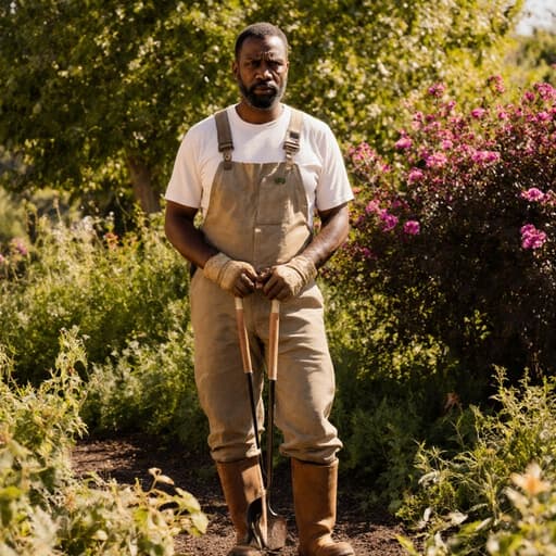 40대의 흑인 남성이 햇살이 들어오는 정원에서 편안한 작업복과 장화를 입고 정원 도구를 들고 인사하며 찡그린 표정을 짓고 있는 모습입니다. 주변의 무성한 식물들 사이에서 약간의 불편함을 느끼는 순간을 포착하고 있습니다.