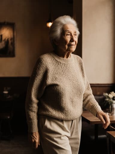 80대의 라틴계 여성이 편안한 니트 스웨터와 면 바지를 입고 있는 전신 사진입니다. 그녀는 따뜻한 조명이 비추는 아늑한 카페를 조용히 걷고 있으며, 무관심한 표정을 지으며 주위를 바라보지 않아 고요하고 사색적인 순간을 만들어냅니다.