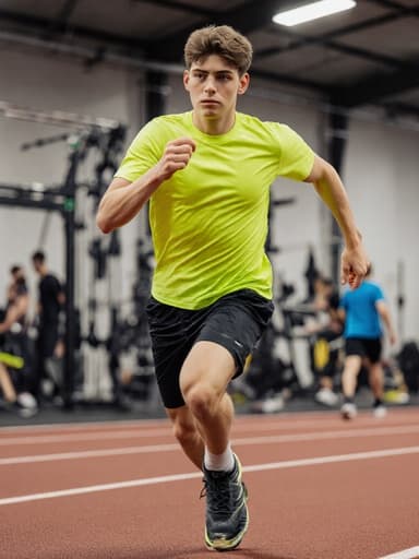 훈련장 트랙 위에서 달리고 있는 건강한 유럽계 남성 청소년의 전신 사진. 그는 밝은 운동복과 운동화를 착용하고 있으며, 걱정스러운 표정으로 집중과 결단력을 나타내고 있습니다. 한 손을 앞으로 뻗고 있으며, 배경에는 다양한 운동 기구와 다른 운동선수들이 있어 훈련 환경의 활기찬 분위기를 더합니다.