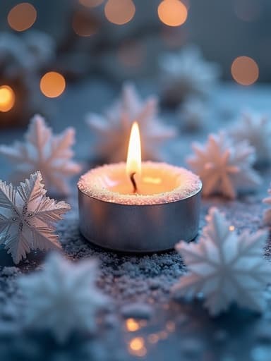 중앙에 촛불이 있는 티라이트 캔들, 주위에 섬세한 서리로 덮인 얼음 장식이 있으며, 자연광이 장면을 밝히고, 반사 표면과 얼음의 복잡한 질감을 보여주며, 부드러운 그림자가 드리워져 아늑한 겨울 분위기를 자아냅니다.