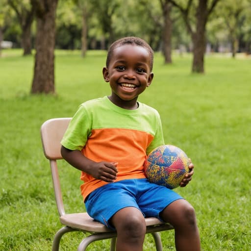 3세 아프리카계 남성이 공원을 배경으로 의자에 앉아 밝은 색의 티셔츠와 반바지를 입고 행복하게 웃으며 공을 쥐고 있는 귀여운 모습의 반신 사진입니다. 주변은 푸른 잔디와 나무들로 둘러싸여 있습니다.