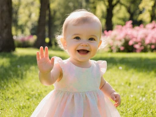 부드러운 파스텔 색상의 원피스를 입은 1세 유럽계 아기 소녀가 행복하게 미소 지으며 작은 손을 들어 인사하는 모습의 따뜻한 이미지입니다. 햇빛이 비치는 공원에서 푸른 잔디와 나무, 화려한 꽃들이 어우러져 매력적이고 즐거운 분위기를 연출합니다.
