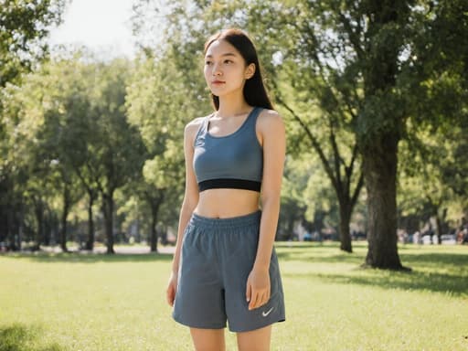 햇살이 가득한 공원에서 편안한 운동복을 입은 10대 후반의 동양인 여성 모델이 춤을 추기 위해 기다리는 자세로 서 있습니다. 자연스러운 표정과 편안한 자세가 즐거운 순간을 반영하며, 푸르른 자연과 함께하고 있습니다.