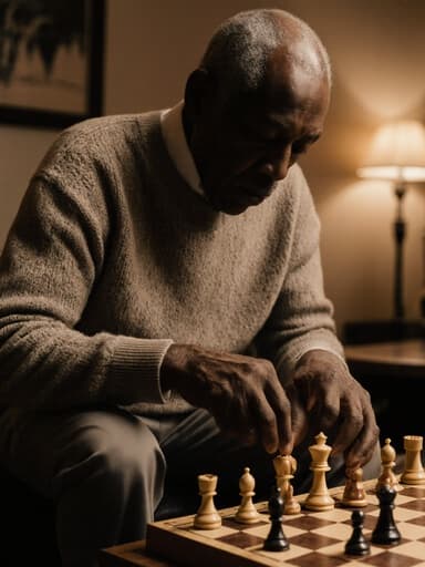 70대 아프리카계 남성이 아늑한 카페 구석에서 반신 상으로 촬영된 모습입니다. 그는 편안한 니트 스웨터와 바지를 입고 있으며, 체스판 앞에서 외로운 표정을 지으며 기물을 조작하고 있습니다. 남성은 다소 점프하는 자세로, 흥분이나 생각에 잠긴 듯한 모습입니다. 따뜻하고 초대하는 카페의 분위기, 부드러운 조명과 잘 차려진 테이블은 사색과 고독의 감정을 강조하며 체스 게임을 이미지의 주요 포인트로 만듭니다.