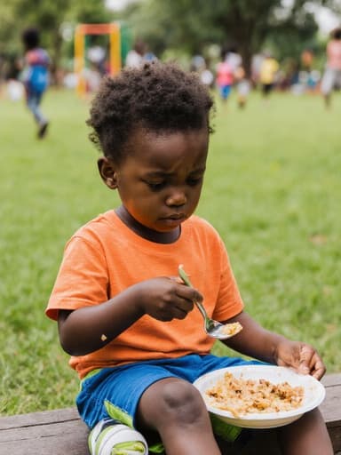 3세 아프리카계 남성이 밝은 티셔츠와 반바지를 입고 앉아 작은 식사 도구를 쥐고 불안한 표정을 지으며 음식을 바라보는 모습의 반신 촬영입니다. 배경에는 푸른 잔디와 나무가 있는 공원에서 놀고 있는 아이들이 있어 활기차면서도 약간 불안한 분위기를 조성합니다.