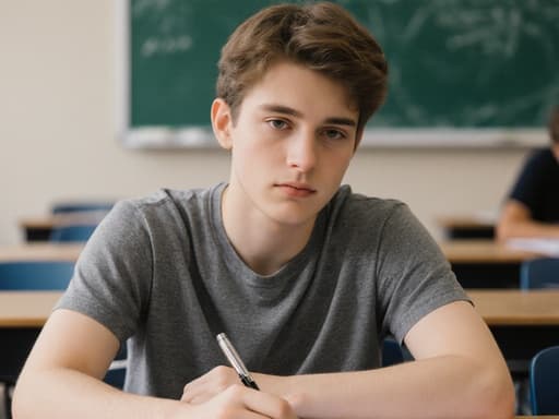 10대 후반의 백인 남성이 교실 책상에 앉아 노트를 보며 차분하게 필기를 하고 있습니다. 그는 편안한 티셔츠와 청바지를 입고 있으며, 학구적인 분위기를 잘 표현하고 있습니다. 배경은 칠판이 있는 전형적인 교실 환경으로, 그의 집중하는 모습을 잘 보완해줍니다.