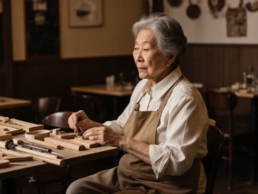 60대 동양인 여성이 편안한 블라우스와 바지, 작업용 앞치마를 착용하고 있는 반신 사진입니다. 아늑한 카페 테이블에 앉아 나무 조각을 손에 쥐고 집중하는 표정을 짓고 있습니다. 테이블 위에는 목공 도구와 나무 조각들이 흩어져 있어 그녀의 작업에 대한 몰입을 강조합니다. 카페의 따뜻한 분위기가 그녀의 집중력을 더해주어, 예비 장인들에게 영감을 주는 장면을 만들어냅니다.