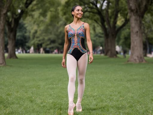 30대 혼혈 여성의 반신 촬영, 화려한 무용복과 발레 슈즈를 착용하고 있으며, 열정적이고 빛나는 눈빛과 따뜻한 미소를 지닌 모습으로, 공원의 푸른 잔디와 나무를 배경으로 자연스러운 무용 자세를 취하고 있습니다.