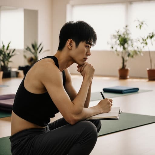 20대 동양인 남성이 편안한 운동복을 입고 노트에 집중하며 글을 쓰고 있는 모습이 담긴 반신 사진입니다. 그의 표정은 분노와 깊은 생각을 반영하고 있으며, 부드러운 조명이 비추는 요가 스튜디오의 배경은 요가 매트와 식물로 장식되어 있어 평화로운 분위기를 자아내며 그의 감정의 강렬함을 강조합니다.