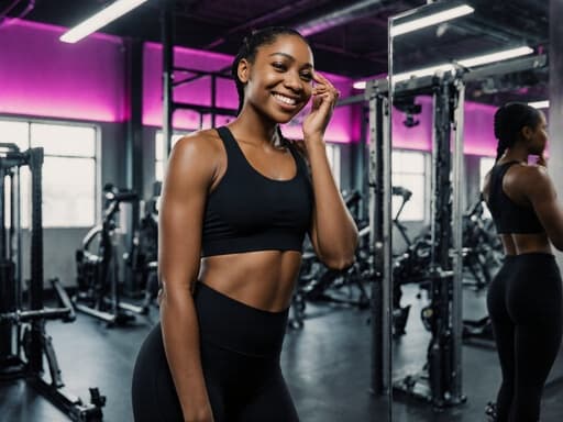 10대 초반의 흑인 소녀의 반신 촬영으로, 자연스러운 아름다움이 드러납니다. 편안한 피트니스 의상과 세련된 운동화를 착용하고 있으며, 거울 앞에서 자신감 있게 웃으며 얼굴을 만지작거리고 화장을 하고 있습니다. 배경은 다양한 운동 기구와 밝은 조명이 있는 피트니스 공간으로, 활기차고 건강한 분위기를 강조합니다.