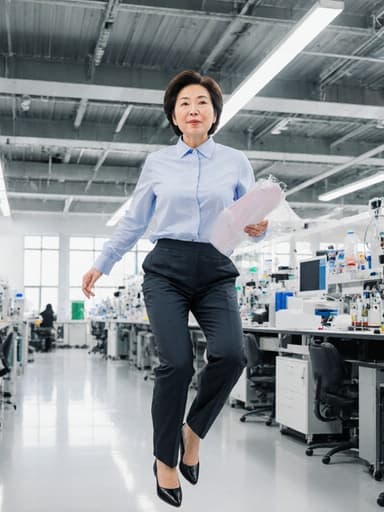 60대의 자연스러운 외모를 가진 여성의 전신 샷으로, 과학 회의에 적합한 깔끔한 블라우스와 바지를 입고 있습니다. 그녀는 연구 자료를 들고 점프하며 차가운 집중의 표정을 짓고 있습니다. 배경은 최신 장비가 갖춰진 현대적인 연구 센터로, 과학적 탐구와 전문성을 강조하는 분위기를 조성합니다.