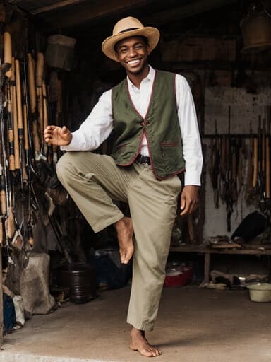 자신감 있는 10대 초반의 흑인 남성이 전통 낚시 조끼와 모자, 편안한 바지를 착용하고 자연스러운 미소를 지으며 나무 자세를 취한 모습이 반신 샷으로 담겨 있습니다. 배경에는 다양한 어업 도구가 있는 전통 어업 작업장이 있어 따뜻하고 매력적인 분위기를 만들어내고 있습니다.