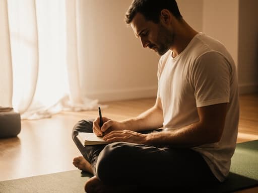 30대 유럽계 남성이 편안한 요가복을 입고 요가 매트 위에 앉아 노트에 글을 쓰며 슬픈 표정을 짓고 있습니다. 아늑한 명상실의 부드러운 조명이 고요한 분위기를 더해주어 깊은 생각에 잠길 수 있는 완벽한 환경을 만들어냅니다.