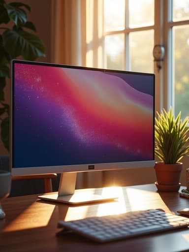 목재 책상 위에 있는 모니터와 따스한 오후 햇살이 어우러져 따뜻하고 아늑한 분위기를 연출합니다.