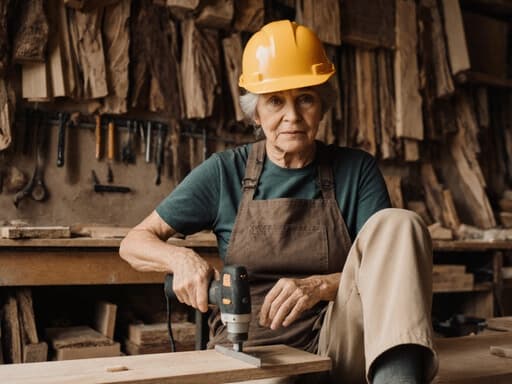 이 이미지는 세련된 작업복과 안전모를 착용한 60대 혼혈 여성의 자신감 있는 모습을 담고 있습니다. 잘 정돈된 작업실에 앉아 목재를 절단하는 도구를 사용하고 있으며, 집중한 표정으로 다양한 목재와 도구들이 그녀의 장인 정신을 강조하고 있습니다.