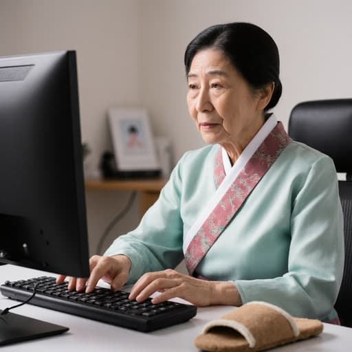60대 혼혈 여성이 전통 한복을 입고 컴퓨터 키보드를 가볍게 두드리며 무관심한 표정을 지은 모습, 차분한 한의원 내부에서의 반신샷.