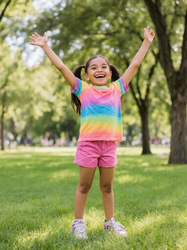 7세 라틴계 여성의 전신 사진으로, 밝고 건강한 외모를 가지고 있으며, 화려한 색상의 티셔츠와 반바지, 운동화를 착용하고 있습니다. 그녀는 양팔을 위로 뻗으며 즐거운 표정으로 웃고 있습니다. 배경은 푸른 잔디와 나무들이 있는 공원으로, 그녀의 장난기 가득한 태도와 잘 어우러지는 생동감 넘치는 자연 분위기를 자아냅니다.