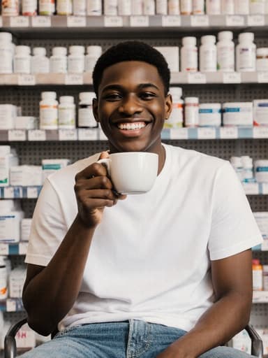 10대 초반의 아프리카계 남성이 편안한 흰색 티셔츠와 청바지를 입고 약국에서 커피를 마시며 밝게 웃고 있는 모습. 약품이 정돈된 진열대가 배경을 이루며 아늑한 분위기를 자아냅니다.