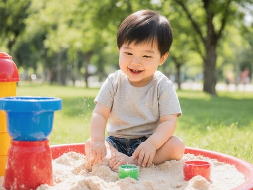 밝고 화창한 공원에서 모래놀이 세트를 가지고 놀고 있는 사랑스러운 1세 남자 한국인의 반신 촬영. 편안한 티셔츠와 반바지를 입고 장난스러운 표정을 지으며 웃고 있는 모습. 배경은 푸른 풀밭과 나무들로 가득해 즐거운 분위기를 만들어냅니다.