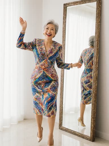60대의 행복한 여성의 전신 사진으로, 화려한 원피스와 세련된 액세서리를 자랑하며 거울 앞에서 점프하고 있는 모습. 밝고 현대적인 인테리어에서 촬영된 이미지입니다.